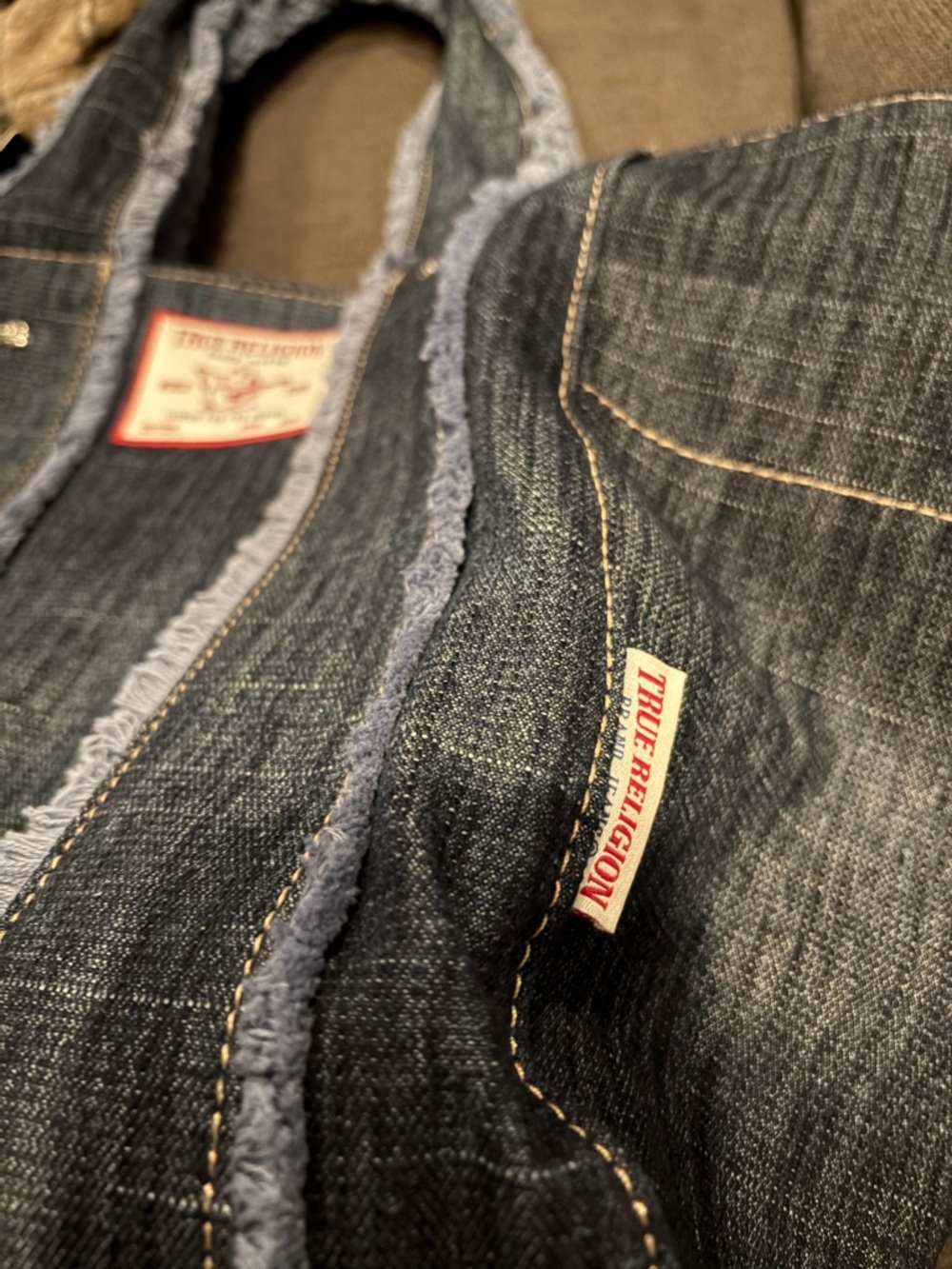 True Religion Dark Denim Tote Bag with Shearling Trim - Picture 6 of 10